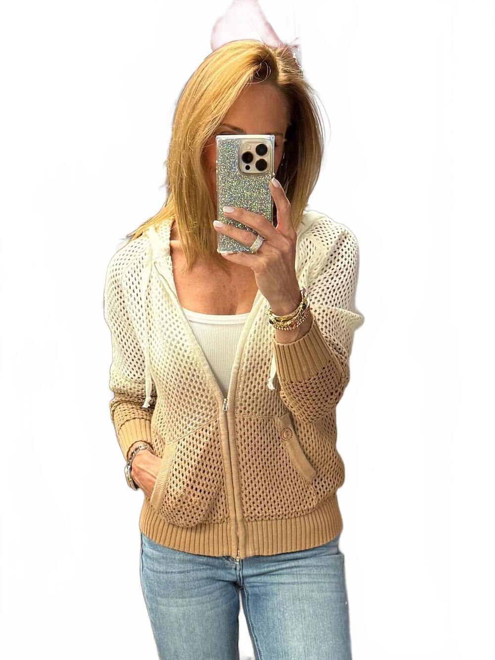 NEW JUST MADISON madz crochet zip hoodie sweater in ombre/tan